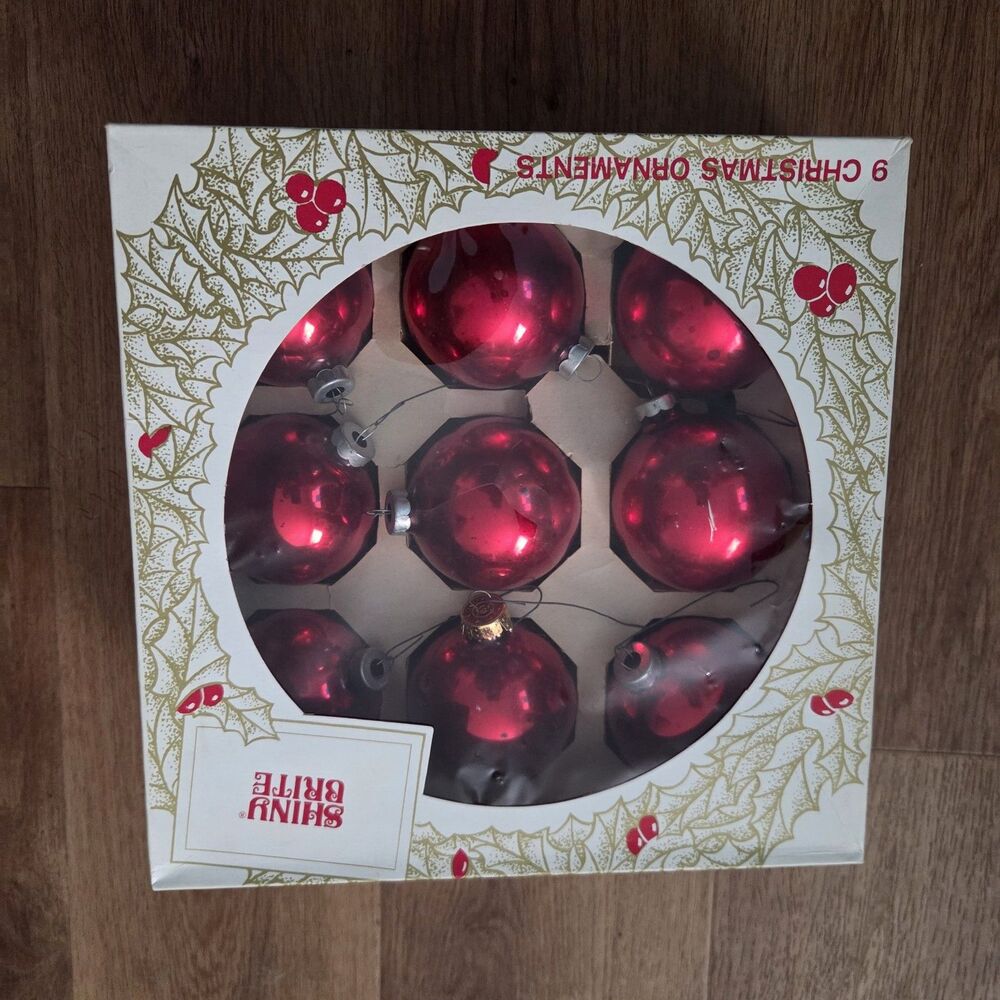 Vintage Shiny Brite Red Glass Christmas Ball Ornaments 9 USA Made Original Box